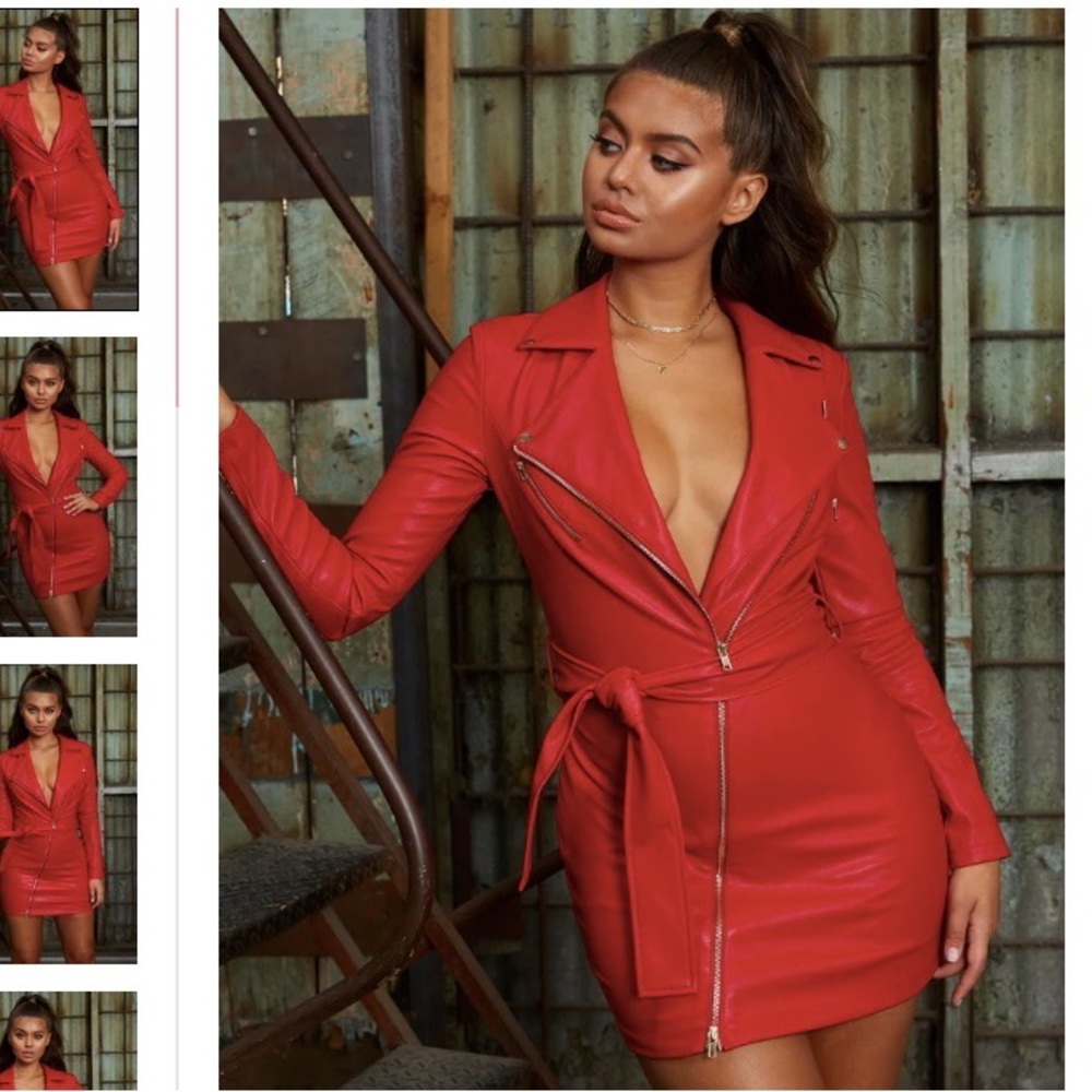 Oh Polly Red Leather Zipper Dress